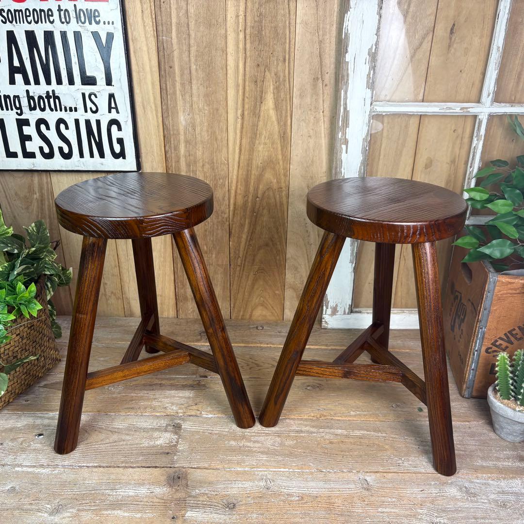 アジアンエスニック原木無垢材木製三本足丸スツール二脚セット木製椅子花台チェア