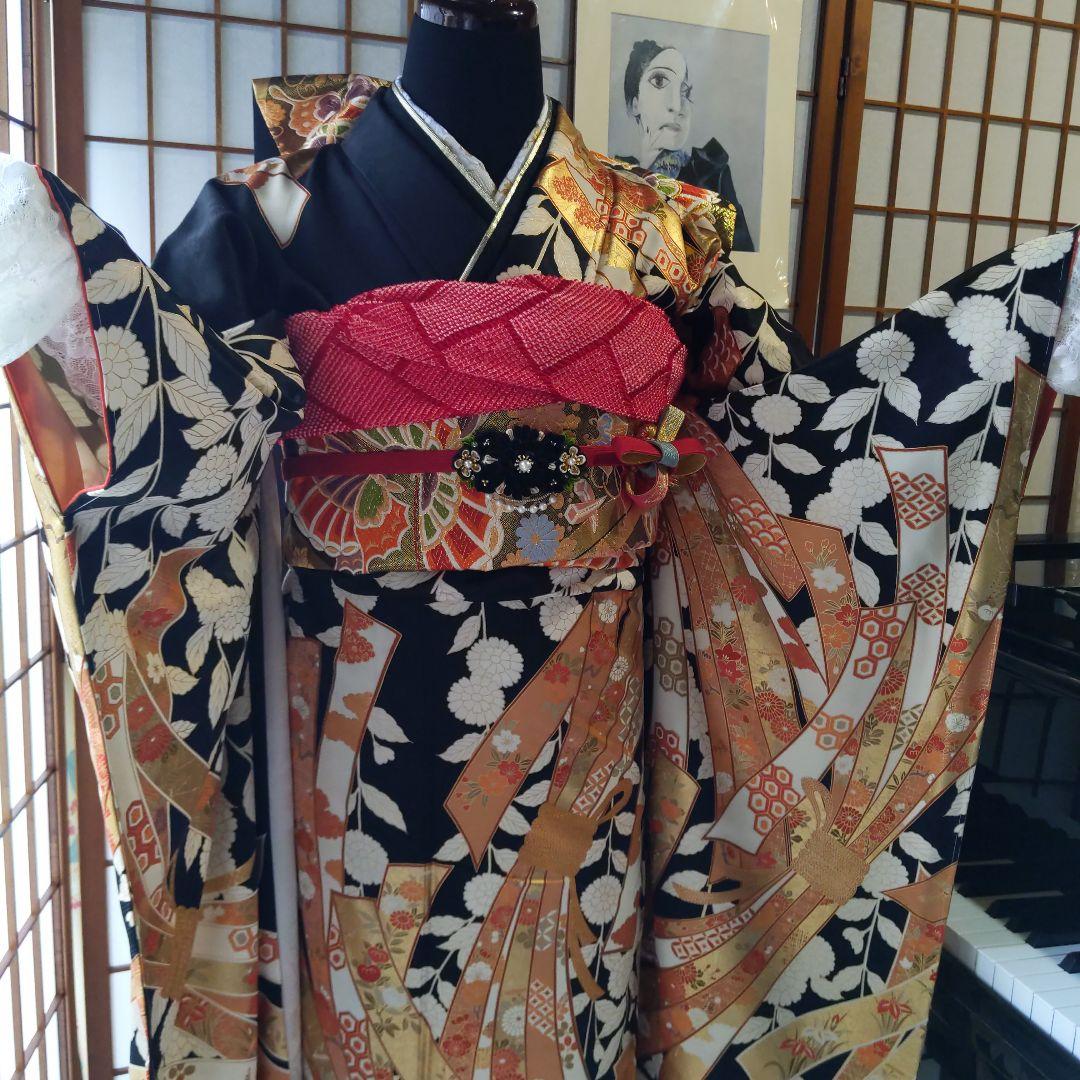 409黒しつけ付　束熨斗　落款　　正絹8点振袖フルセット成人卒業結婚式