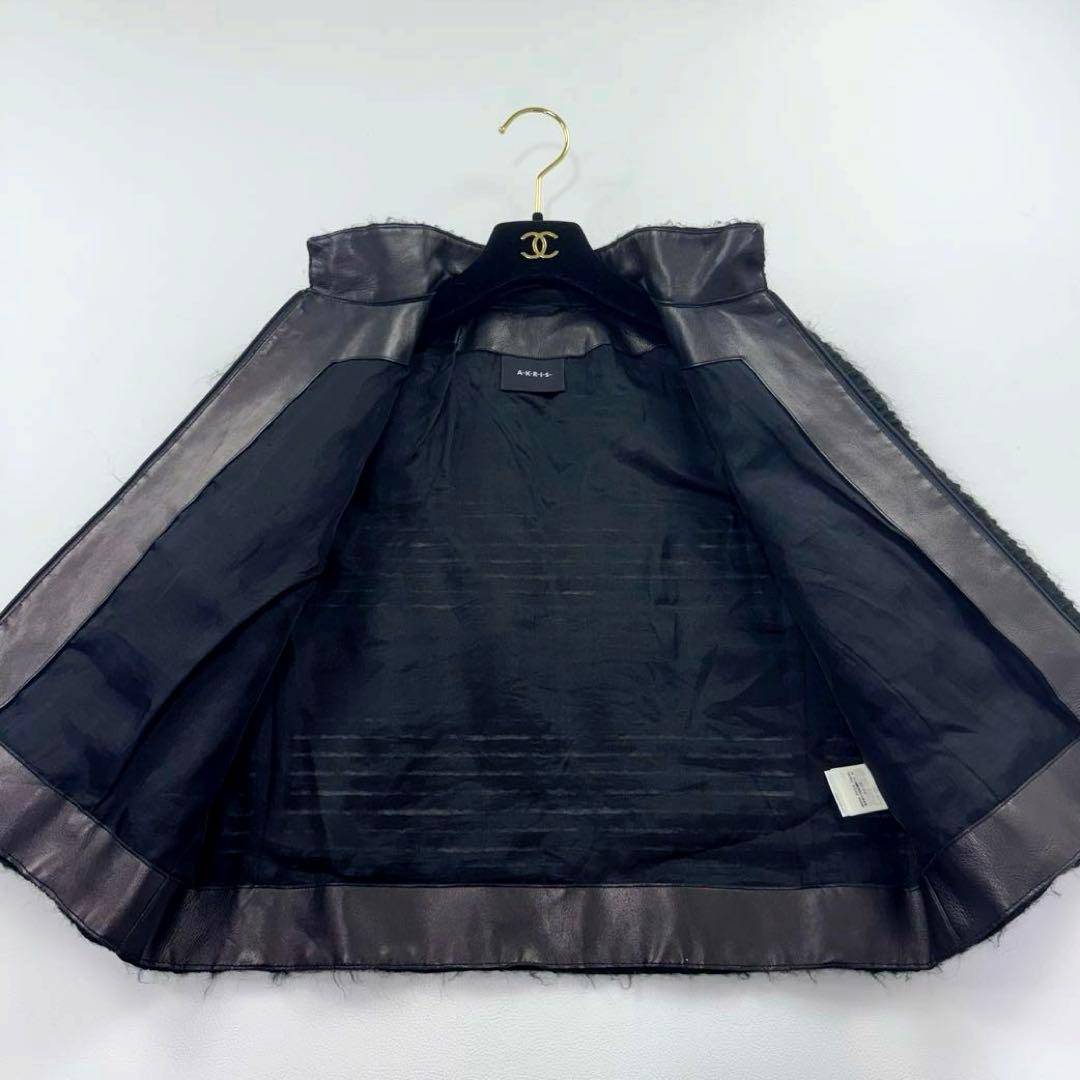 アクリス ノーカラージャケット ウール ラムナッパレザー シルク 黒 ショート丈