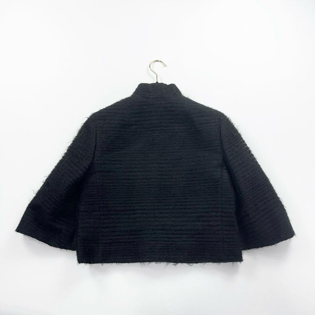 アクリス ノーカラージャケット ウール ラムナッパレザー シルク 黒 ショート丈