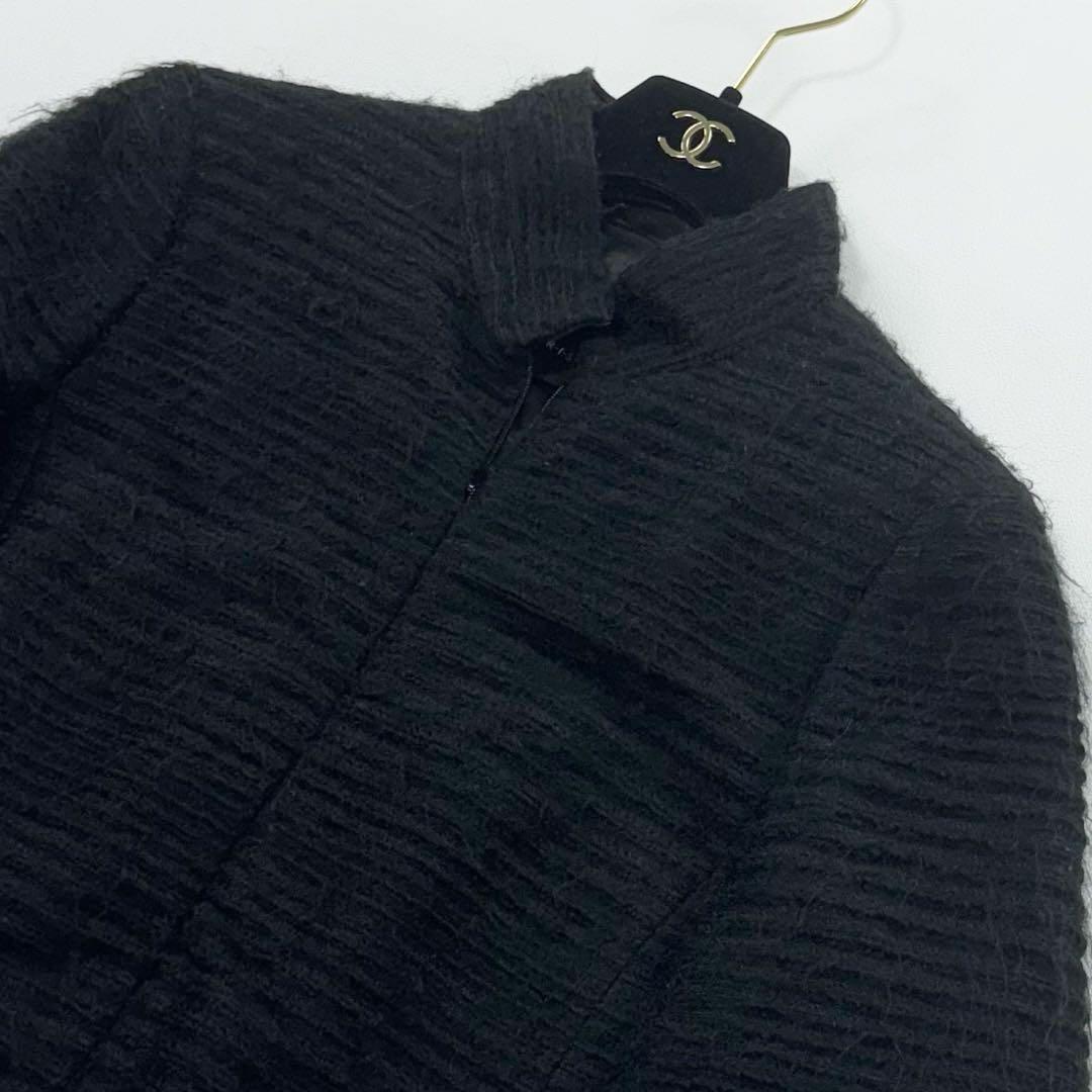 アクリス ノーカラージャケット ウール ラムナッパレザー シルク 黒 ショート丈