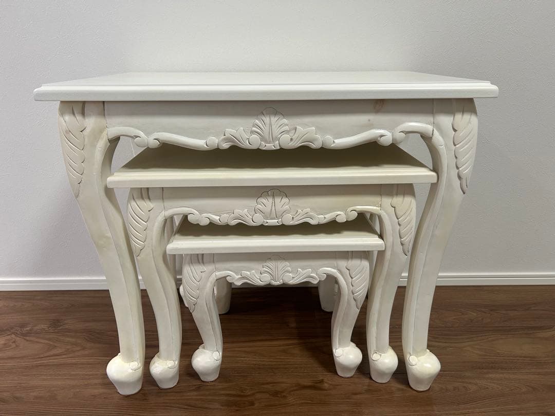 ホワイト　木製サイドテーブル　3点セット　ネストテーブル　カフェテーブル