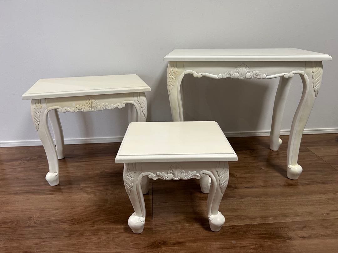 ホワイト　木製サイドテーブル　3点セット　ネストテーブル　カフェテーブル