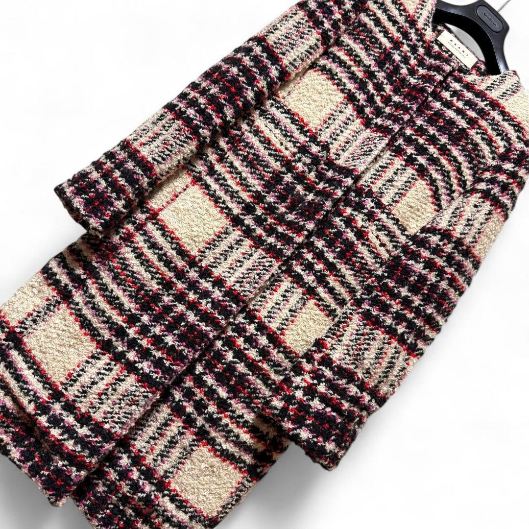 美品 MARNI マルチノーカラー ツイード チェック柄ロングコート ウール