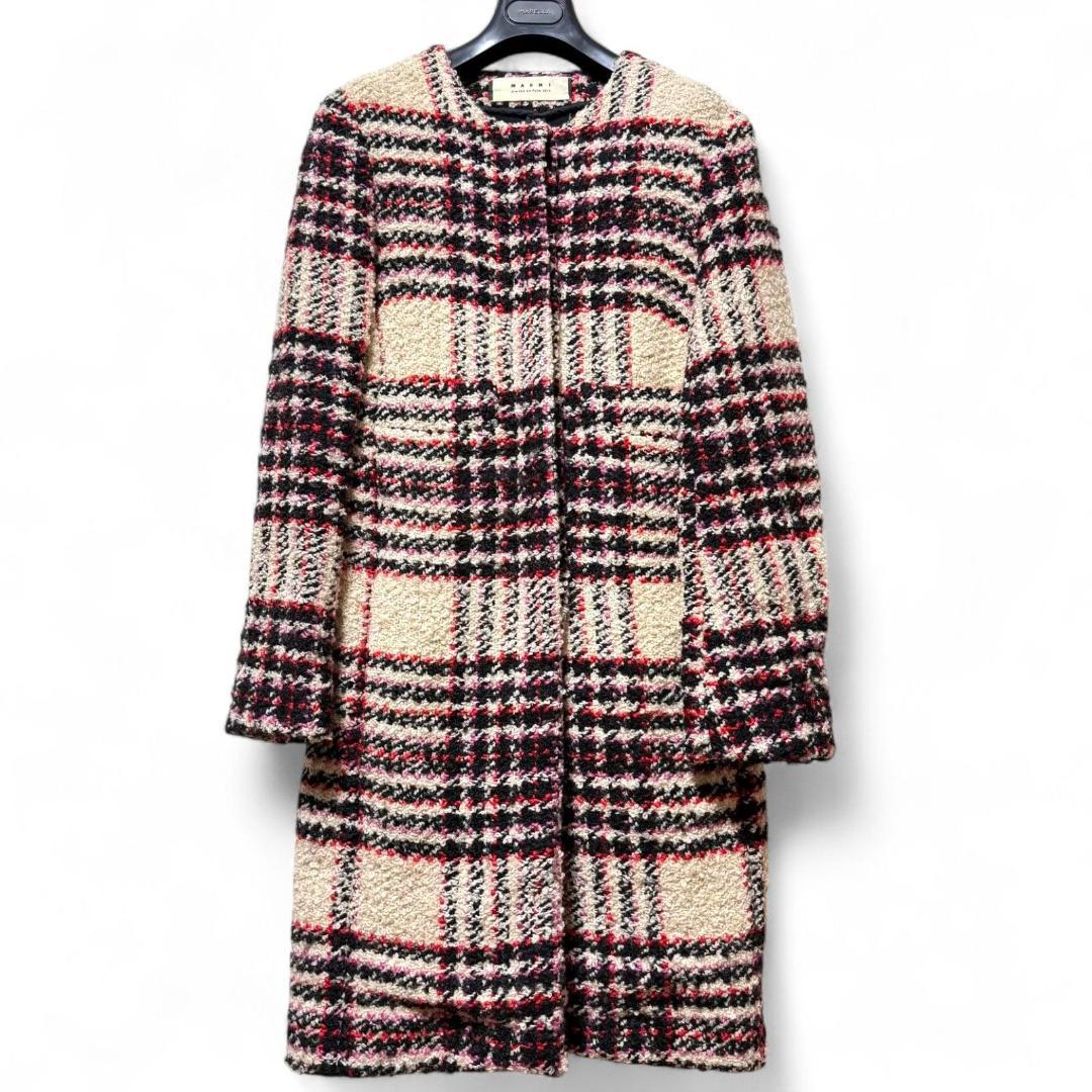 美品 MARNI マルチノーカラー ツイード チェック柄ロングコート ウール