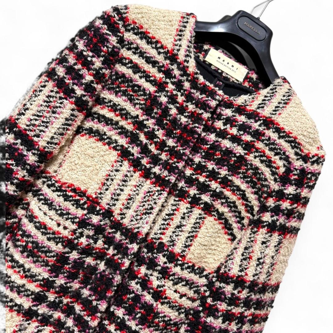 美品 MARNI マルチノーカラー ツイード チェック柄ロングコート ウール