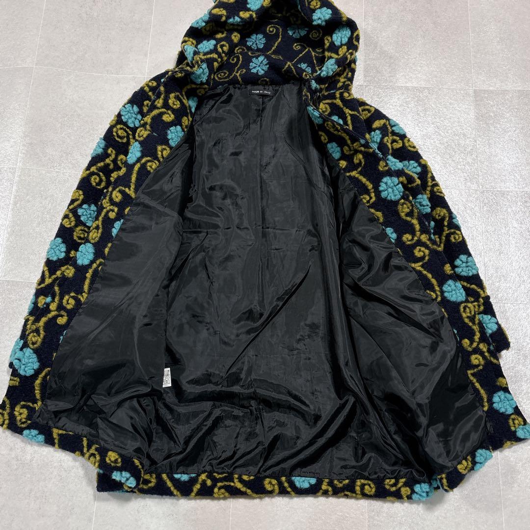 イタリア製　縮絨ウール　総柄　フーディー　ニットコート　ミドルコート