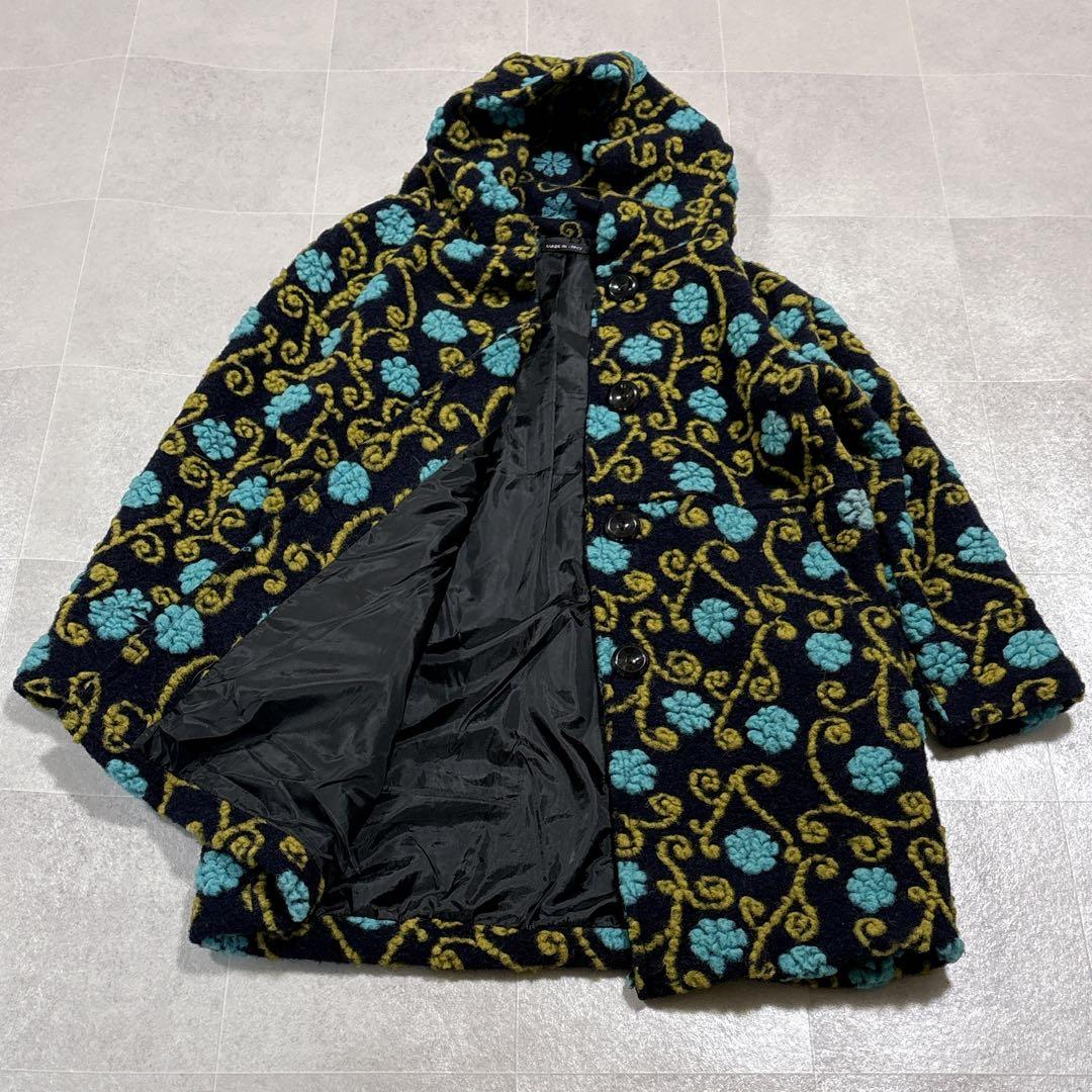 イタリア製　縮絨ウール　総柄　フーディー　ニットコート　ミドルコート