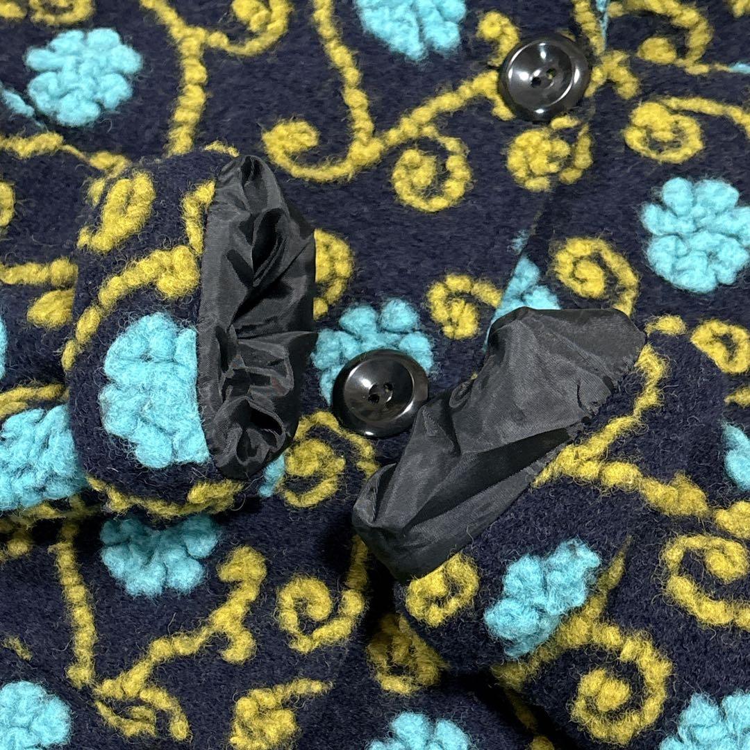 イタリア製　縮絨ウール　総柄　フーディー　ニットコート　ミドルコート