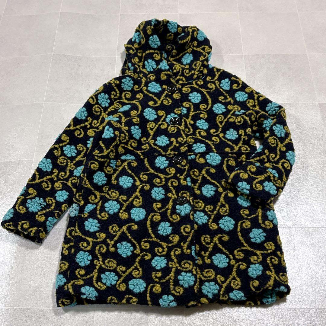 イタリア製　縮絨ウール　総柄　フーディー　ニットコート　ミドルコート