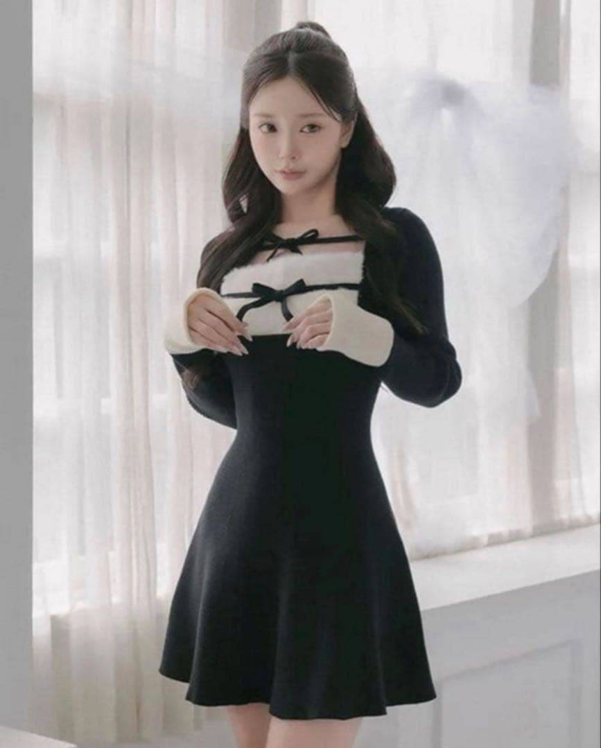 Darich リボンファーフレアニットミニワンピース