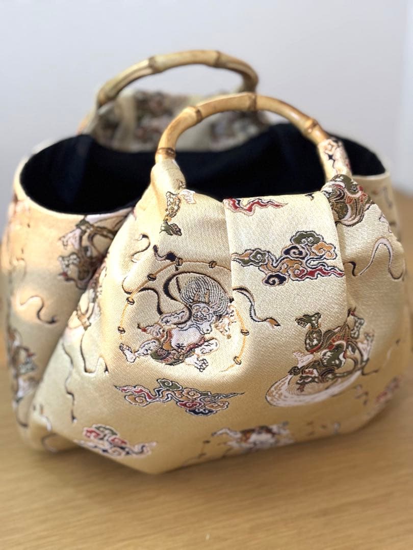 和装バック　着物バック　金蘭生地・風神雷神（ゴールド）卒業入学結婚七五三お宮参り