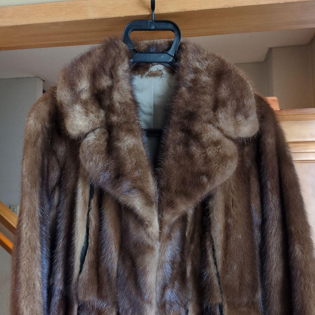 ブラウン毛皮ロング　ミンクコート　革ベルト　13号