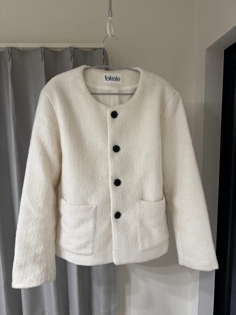 FEKETE ノーカラーウールシャギージャケット XS アイボリー