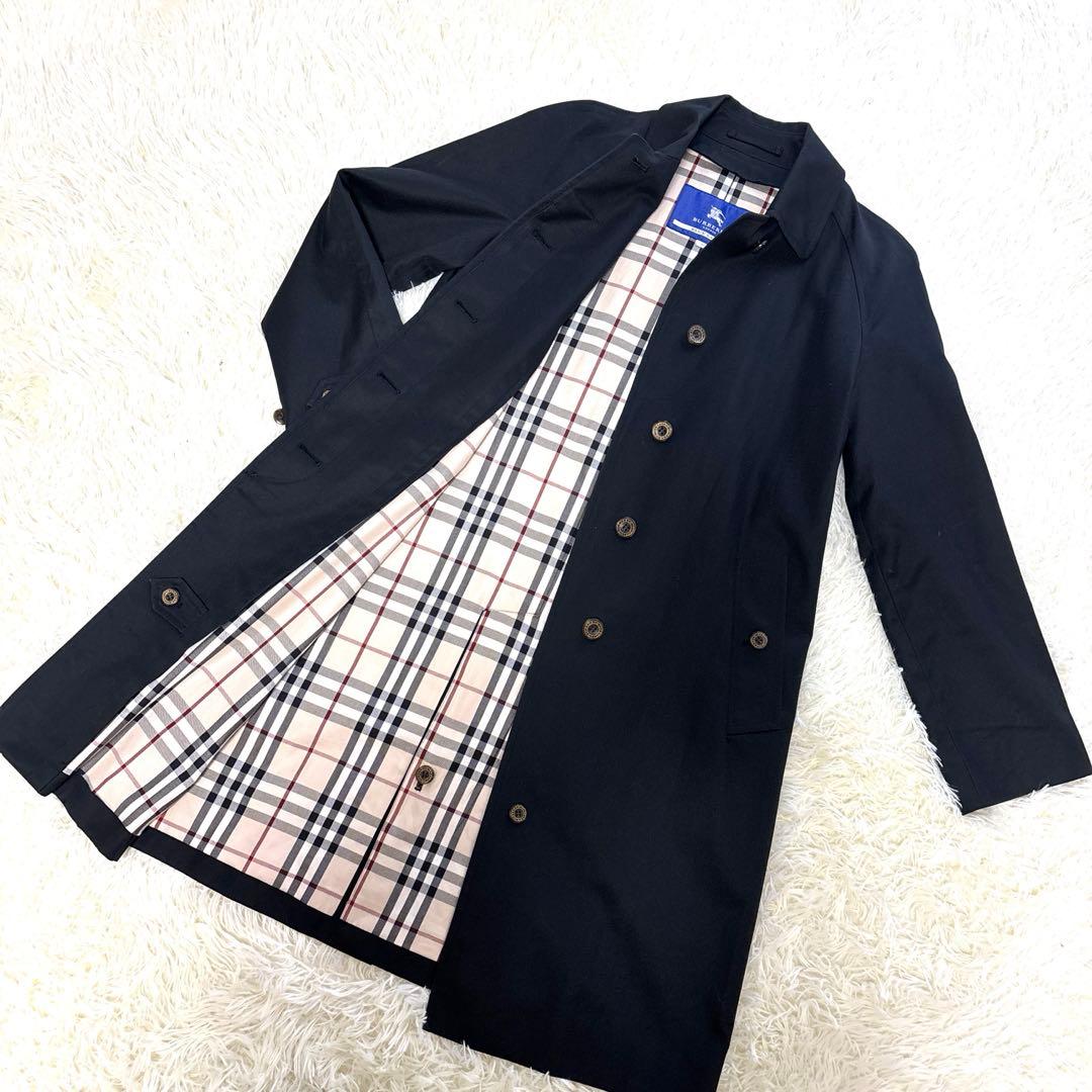 【美品】バーバリーブルーレーベル 裏地ノバチェック 黒 ステンカラーコート 38