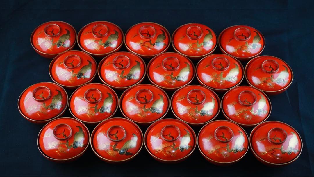 蒔絵　松 鷹紋　朱塗金縁吸物椀　20客　共箱