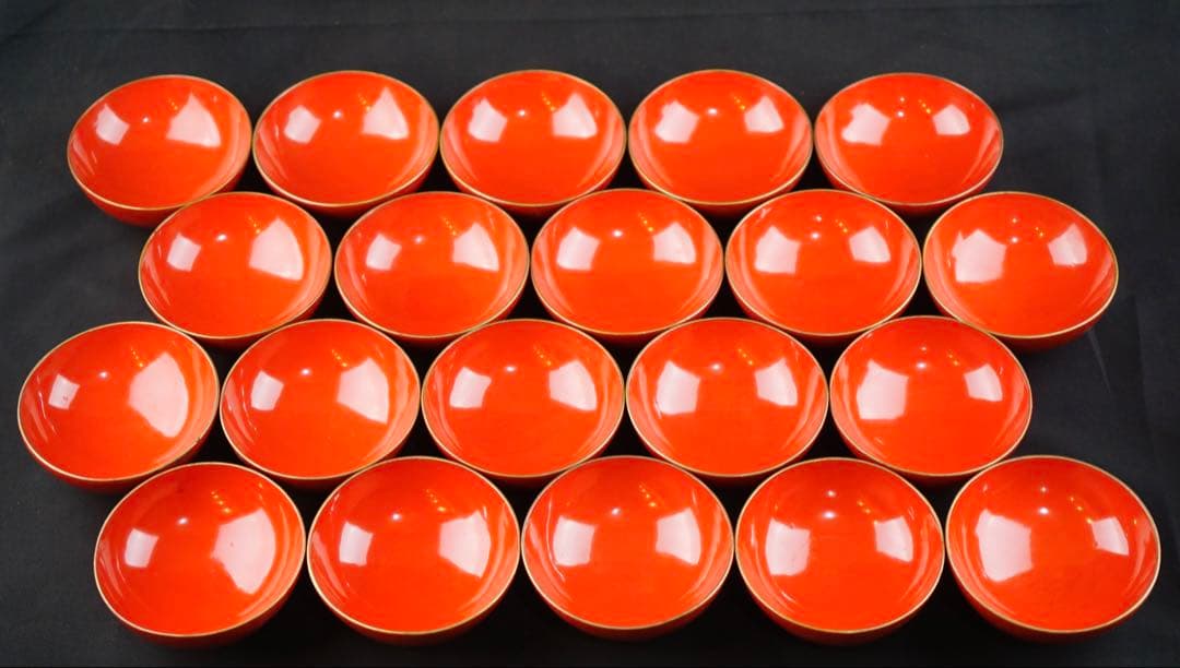 蒔絵　松 鷹紋　朱塗金縁吸物椀　20客　共箱