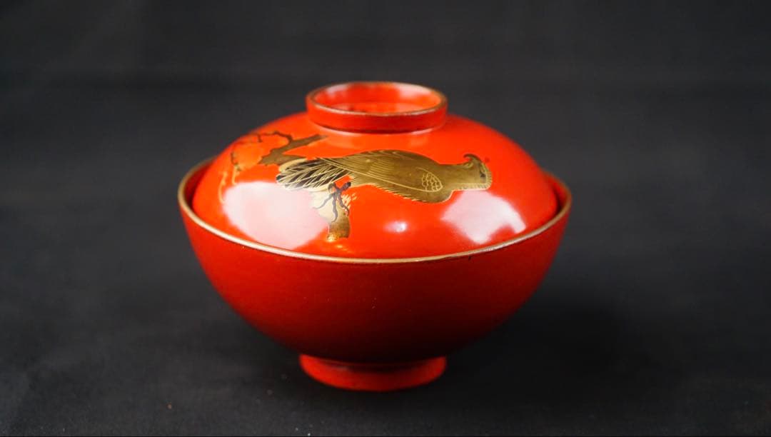 蒔絵　松 鷹紋　朱塗金縁吸物椀　20客　共箱