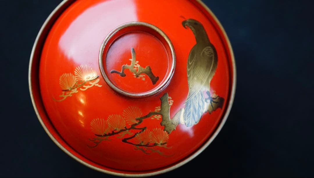 蒔絵　松 鷹紋　朱塗金縁吸物椀　20客　共箱