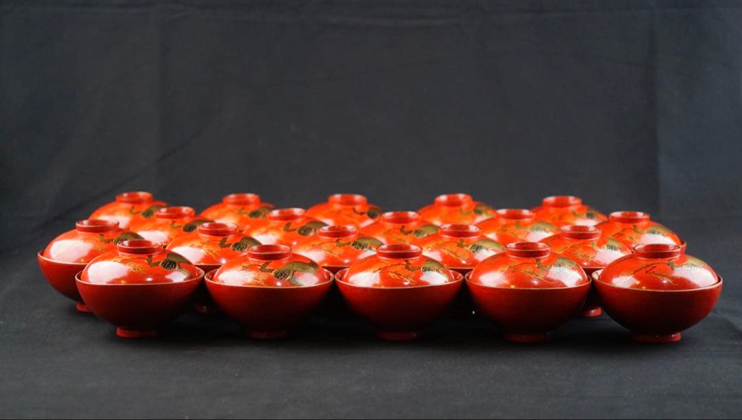 蒔絵　松 鷹紋　朱塗金縁吸物椀　20客　共箱