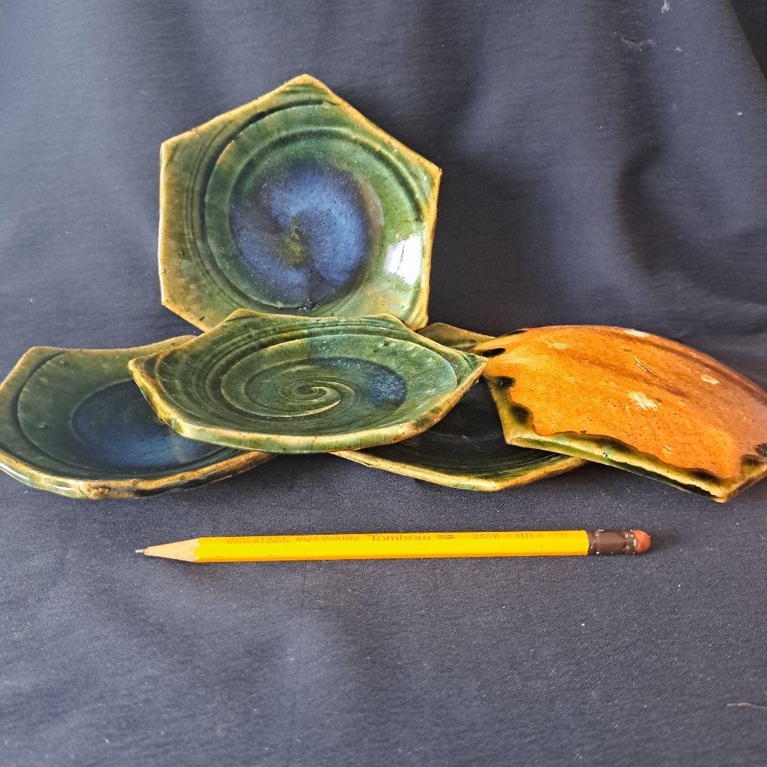 「織部焼 窯変(ようへん)の美！」六角銘々皿 5客セット骨董アンティーク