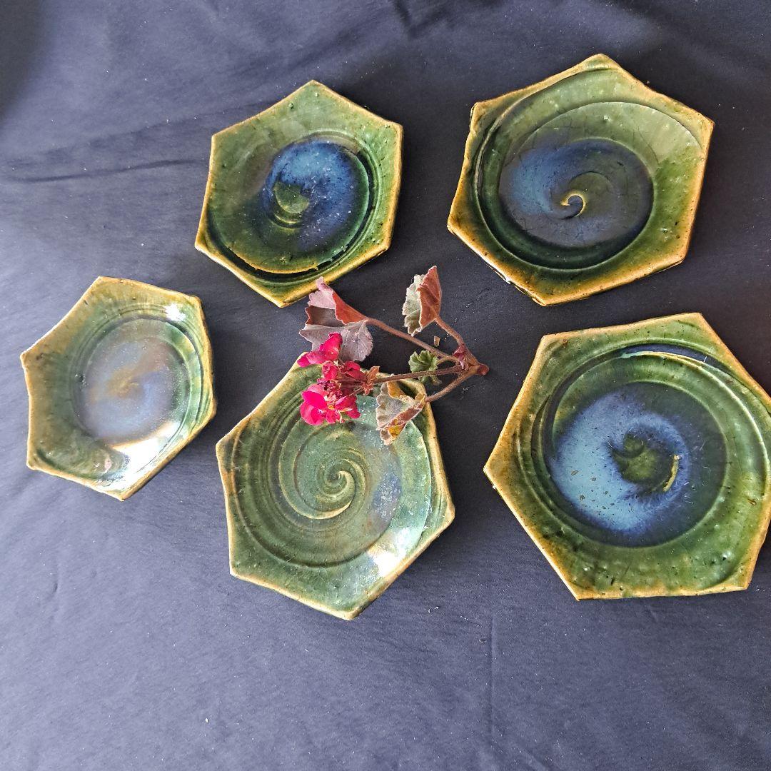「織部焼 窯変(ようへん)の美！」六角銘々皿 5客セット骨董アンティーク