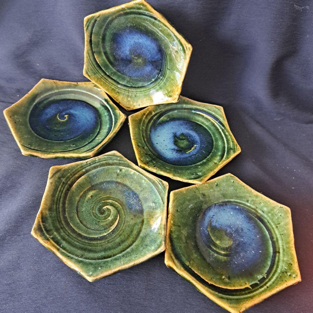 「織部焼 窯変(ようへん)の美！」六角銘々皿 5客セット骨董アンティーク
