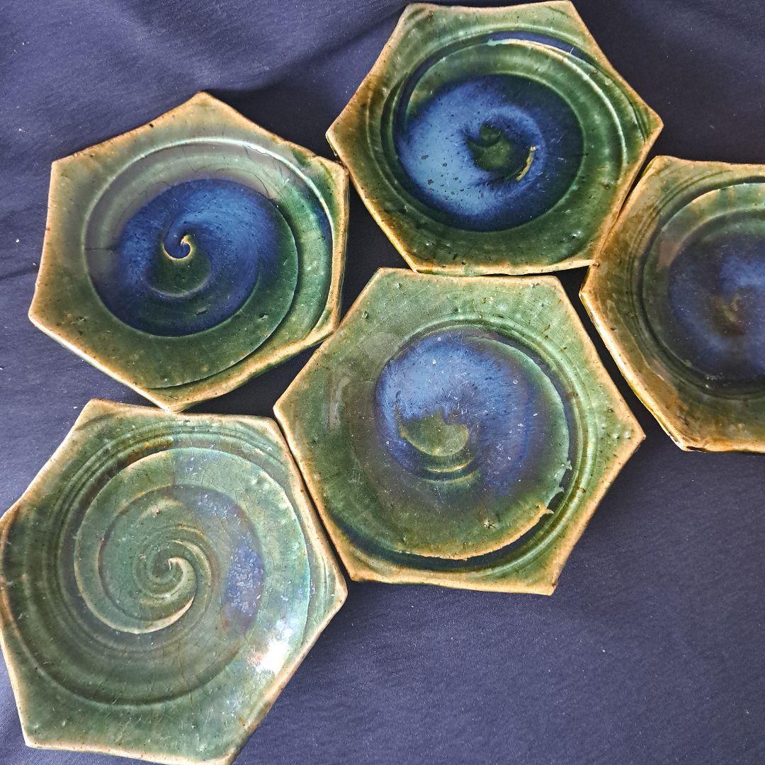 「織部焼 窯変(ようへん)の美！」六角銘々皿 5客セット骨董アンティーク