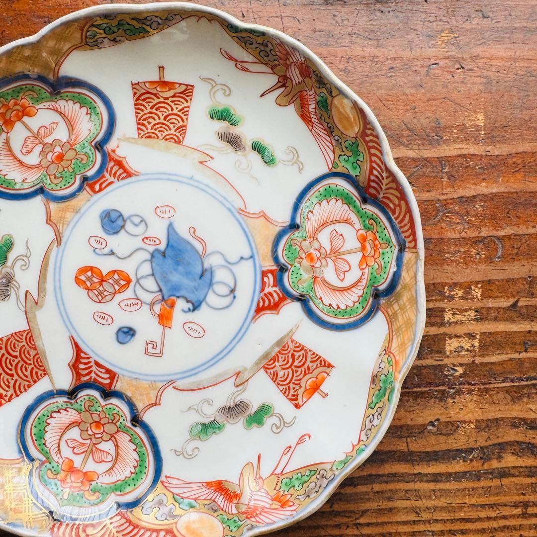 ご予約用　骨董皿　古伊万里金彩色絵皿　宝尽くし宝船花鳥文 平皿ニ枚