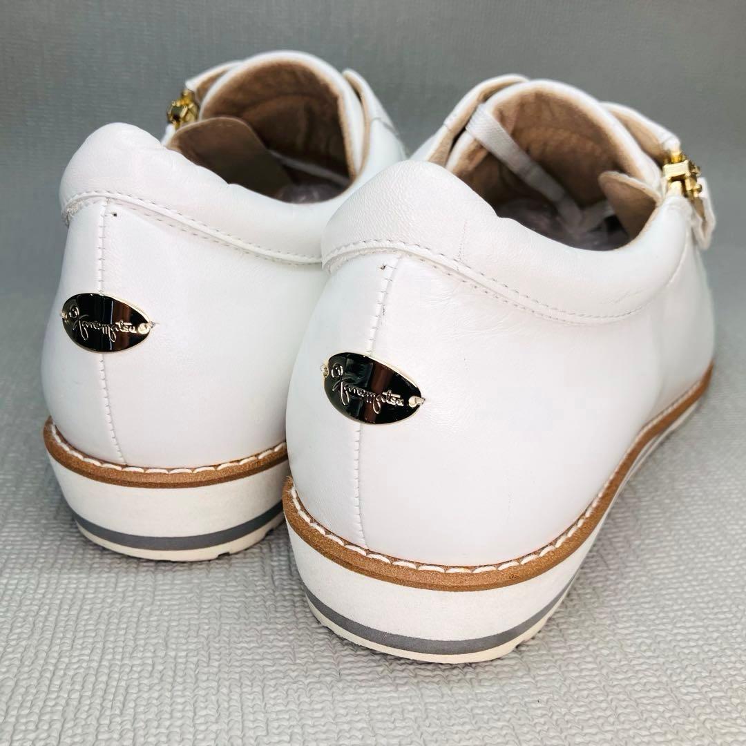 【極美品】銀座かねまつ24.5㌢サイドジップ 上品レザースニーカー　白×ゴールド