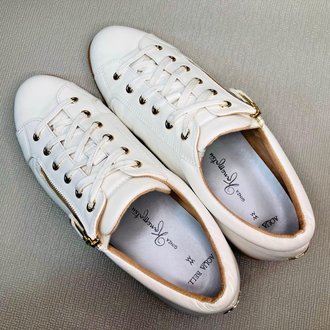 【極美品】銀座かねまつ24.5㌢サイドジップ 上品レザースニーカー　白×ゴールド