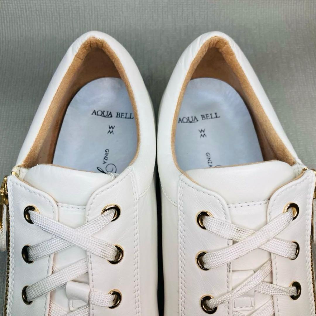 【極美品】銀座かねまつ24.5㌢サイドジップ 上品レザースニーカー　白×ゴールド