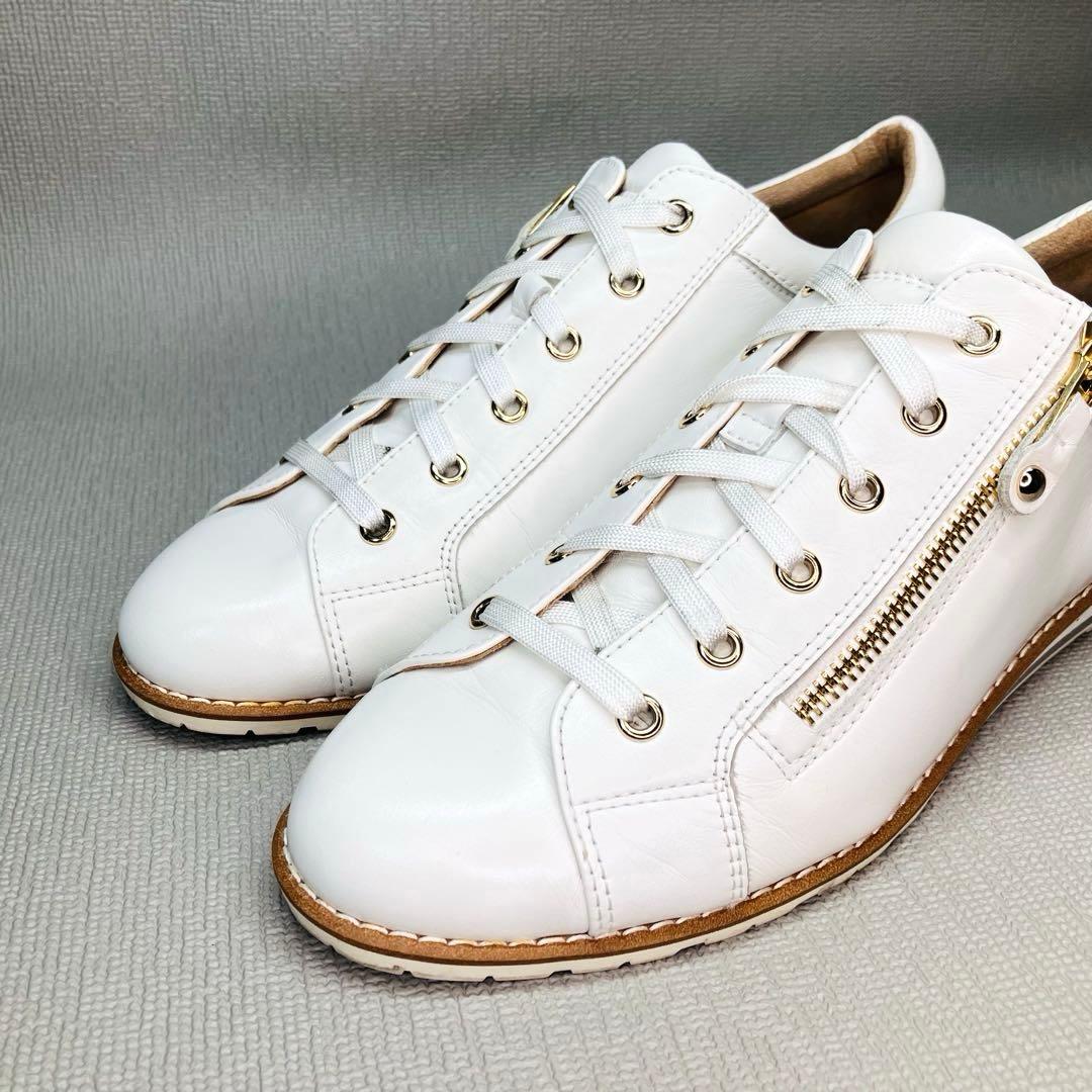 【極美品】銀座かねまつ24.5㌢サイドジップ 上品レザースニーカー　白×ゴールド