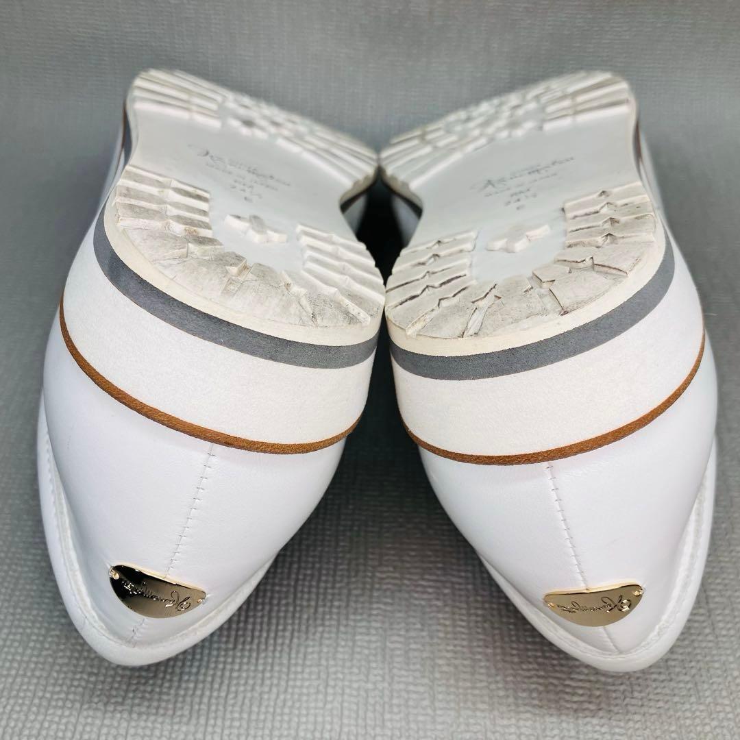 【極美品】銀座かねまつ24.5㌢サイドジップ 上品レザースニーカー　白×ゴールド