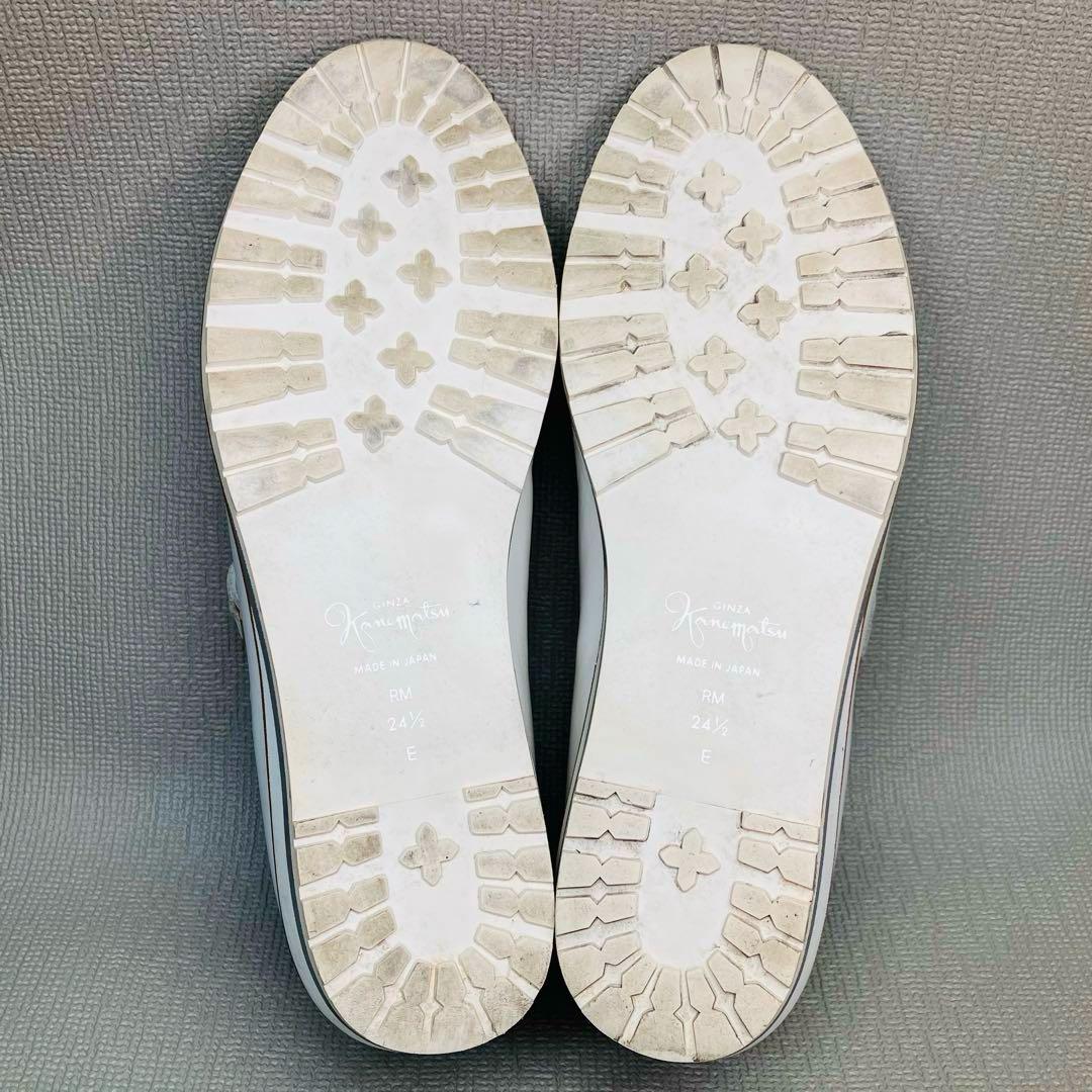 【極美品】銀座かねまつ24.5㌢サイドジップ 上品レザースニーカー　白×ゴールド