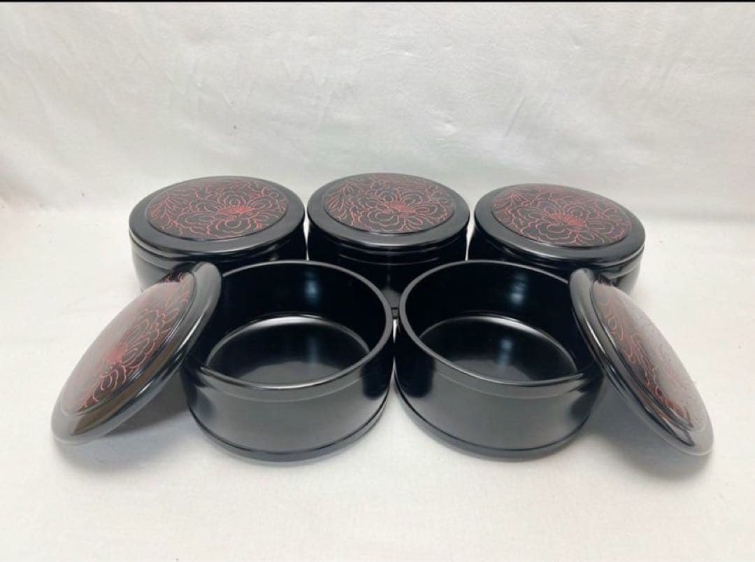 ほぼ未使用 懐石道具 輪島塗 木製漆器 ボタン紋 散寿司桶 5客揃 共箱