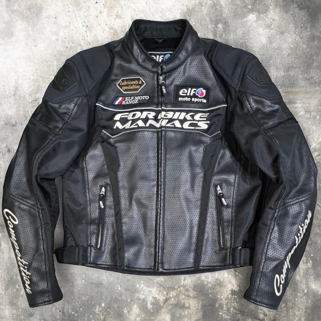 elf PUレザー×メッシュライディングジャケット肩肘パッド背中プロテクター付き