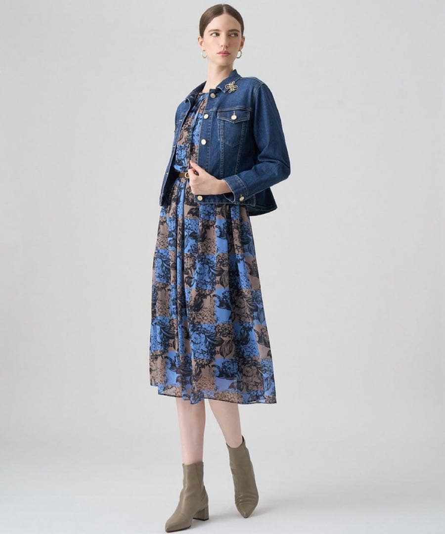 【アナイ】チェックフラワープリントタイ付き ワンピース⭐︎38