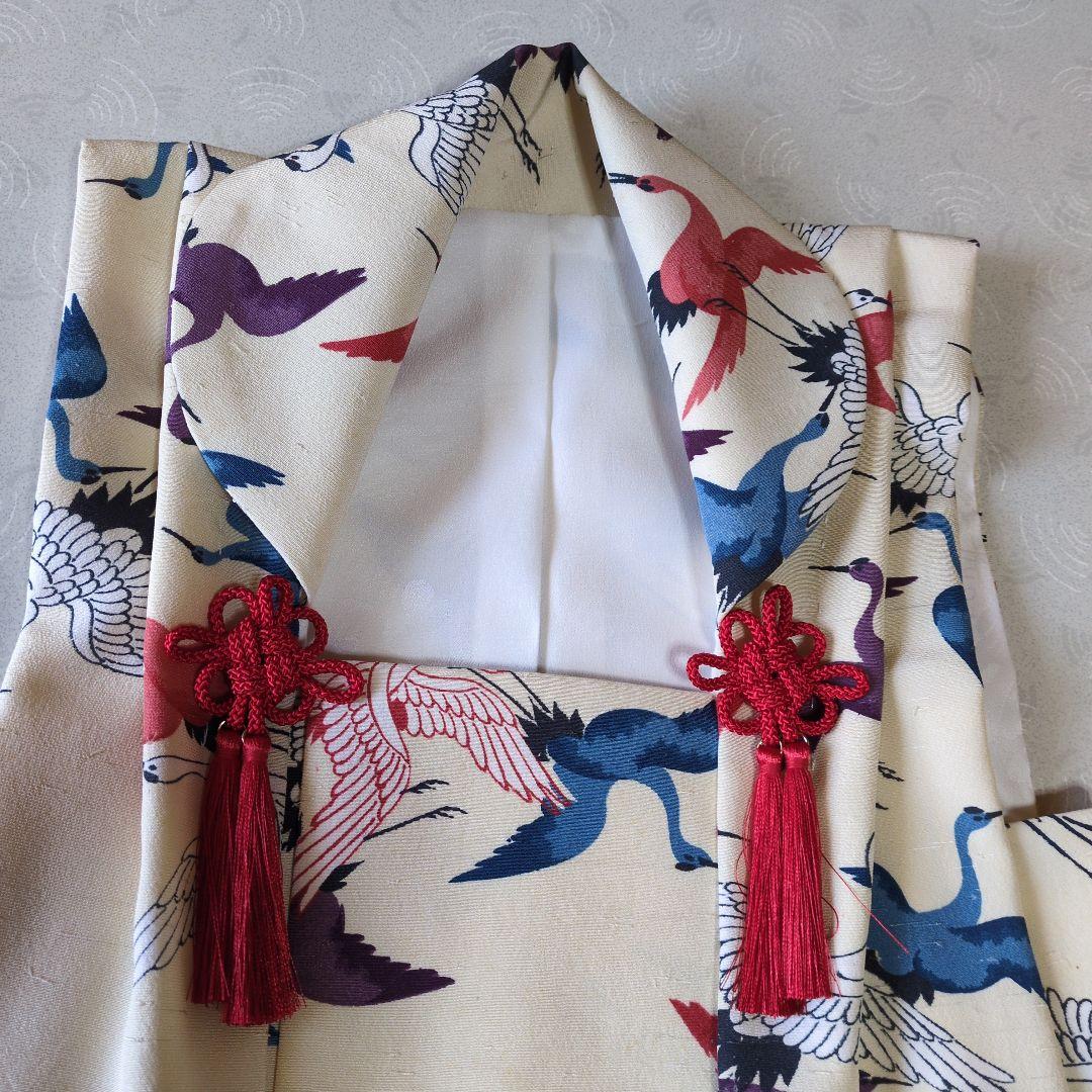 七五三３歳正絹アイボリー地に鶴柄手縫いの被布（中綿無し）