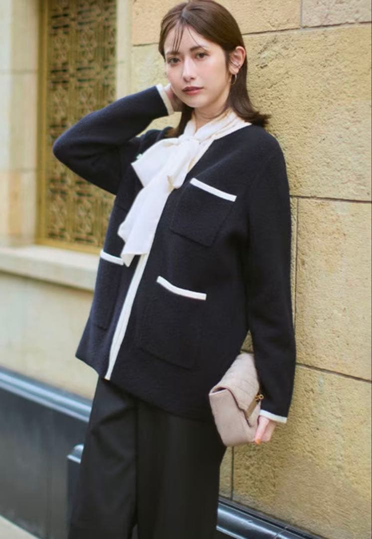 《新品》23区【洗える】ミニブークレニット バイカラー ジャケット（サイズ46）