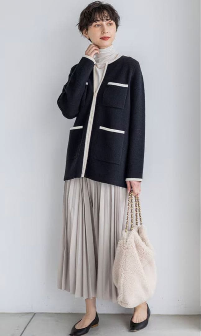 《新品》23区【洗える】ミニブークレニット バイカラー ジャケット（サイズ46）