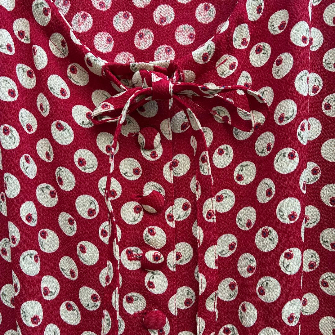 1980年前半金子功氏期　ピンクハウス　赤ワンピース　水玉花テキスタイル縮緬素材