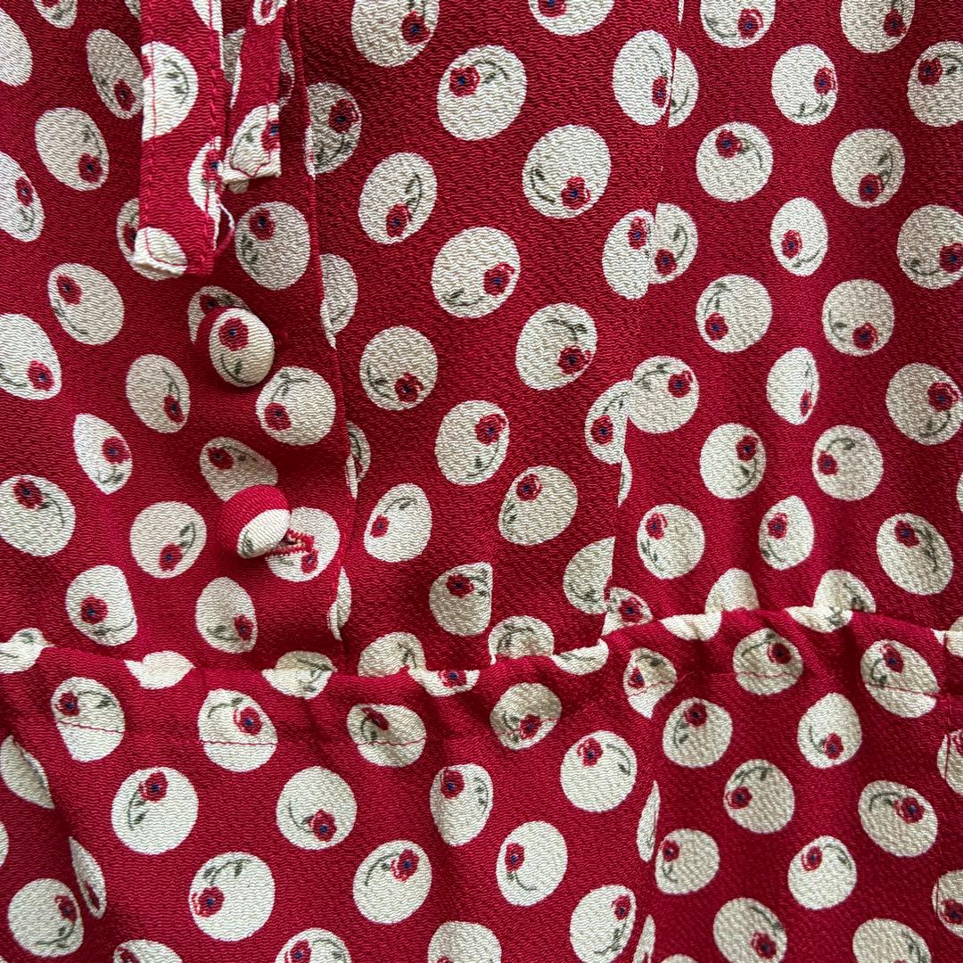 1980年前半金子功氏期　ピンクハウス　赤ワンピース　水玉花テキスタイル縮緬素材