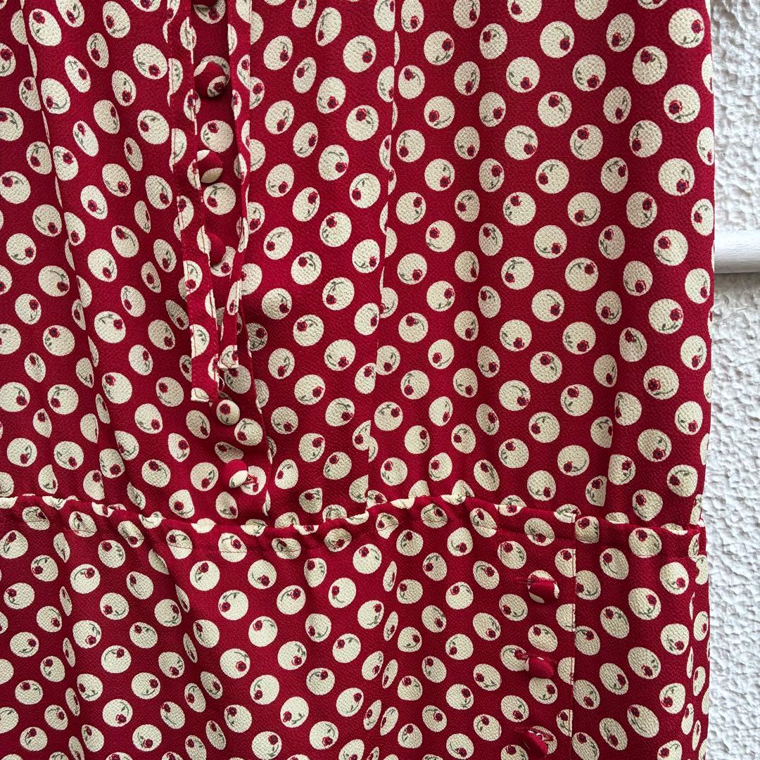 1980年前半金子功氏期　ピンクハウス　赤ワンピース　水玉花テキスタイル縮緬素材