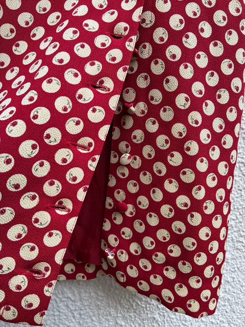 1980年前半金子功氏期　ピンクハウス　赤ワンピース　水玉花テキスタイル縮緬素材