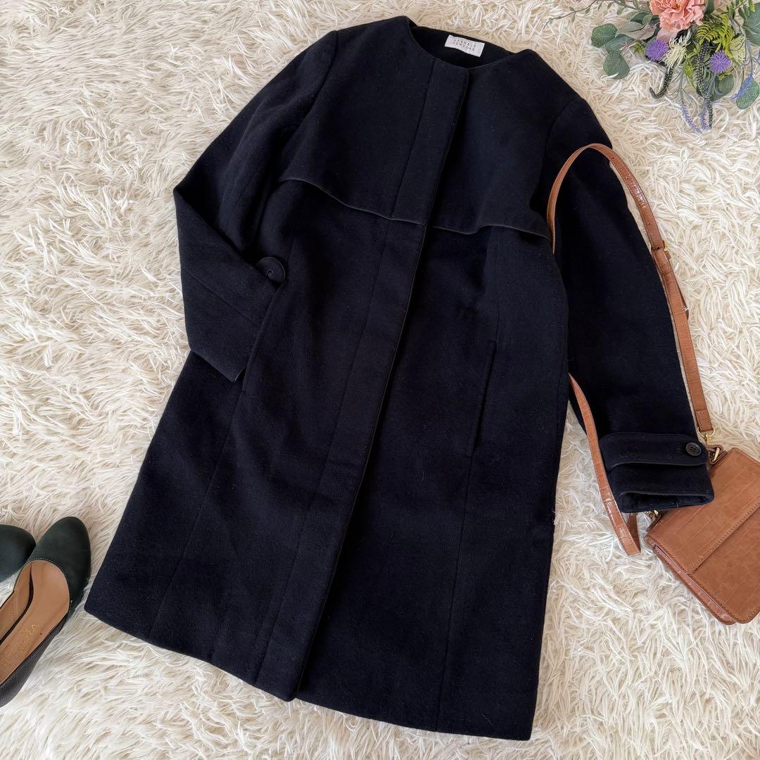 バーニーズニューヨーク　ウールブレンドノーカラーコート　ネイビー　38 M