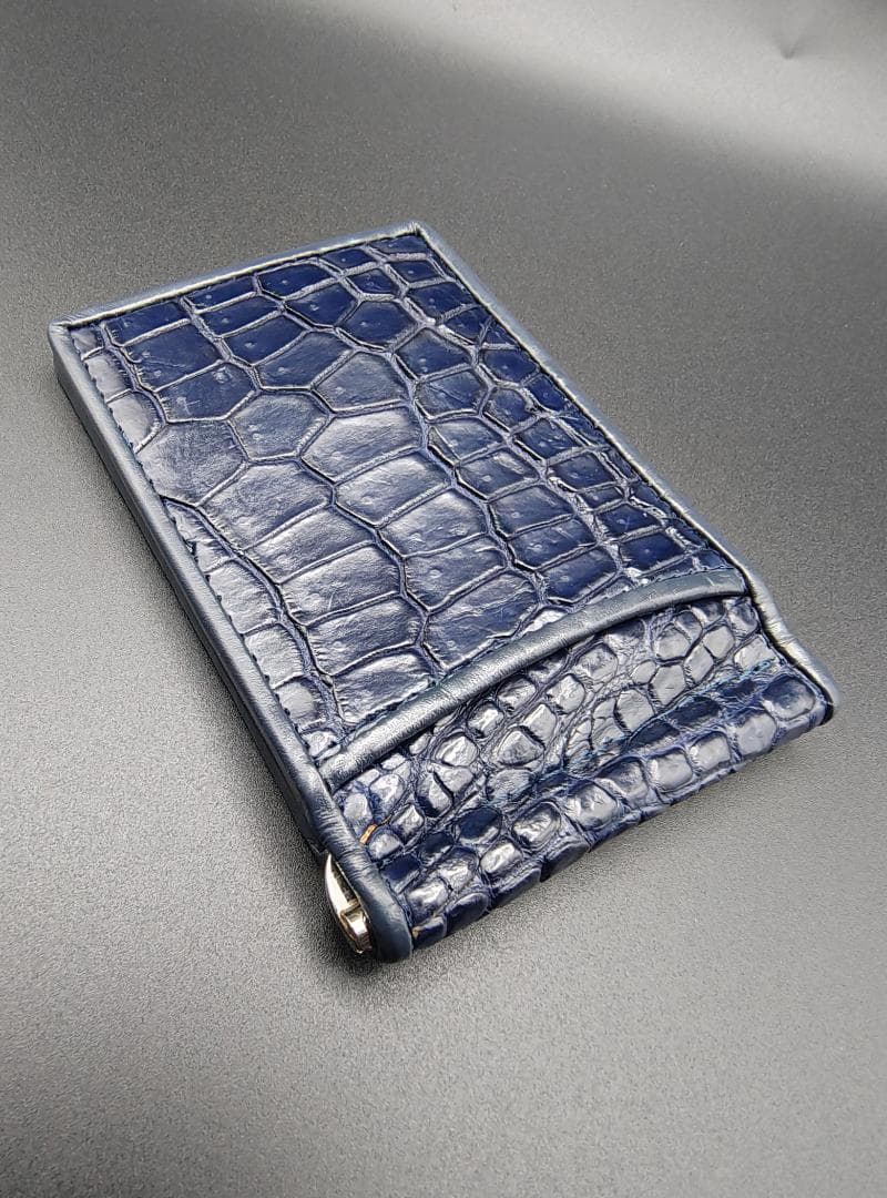 クロコダイル革 マネークリップ 二つ折り財布 本革 ネイビーブルー 薄型 新品