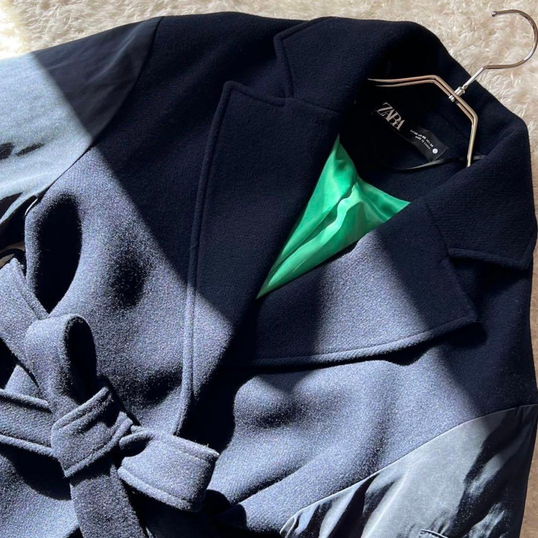 【美品】ZARA マッチングボンバーコート 紺 マキシ丈　袖切替 異素材