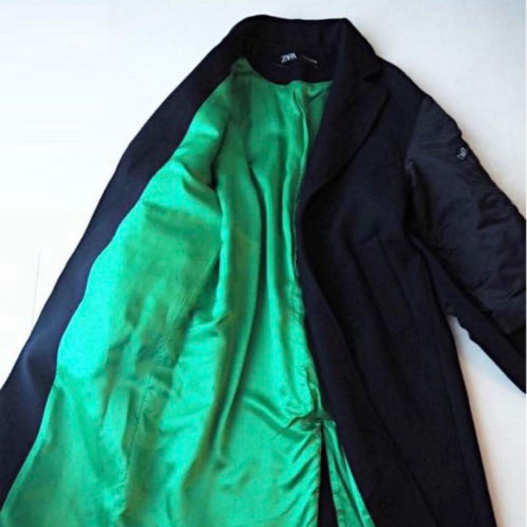 【美品】ZARA マッチングボンバーコート 紺 マキシ丈　袖切替 異素材