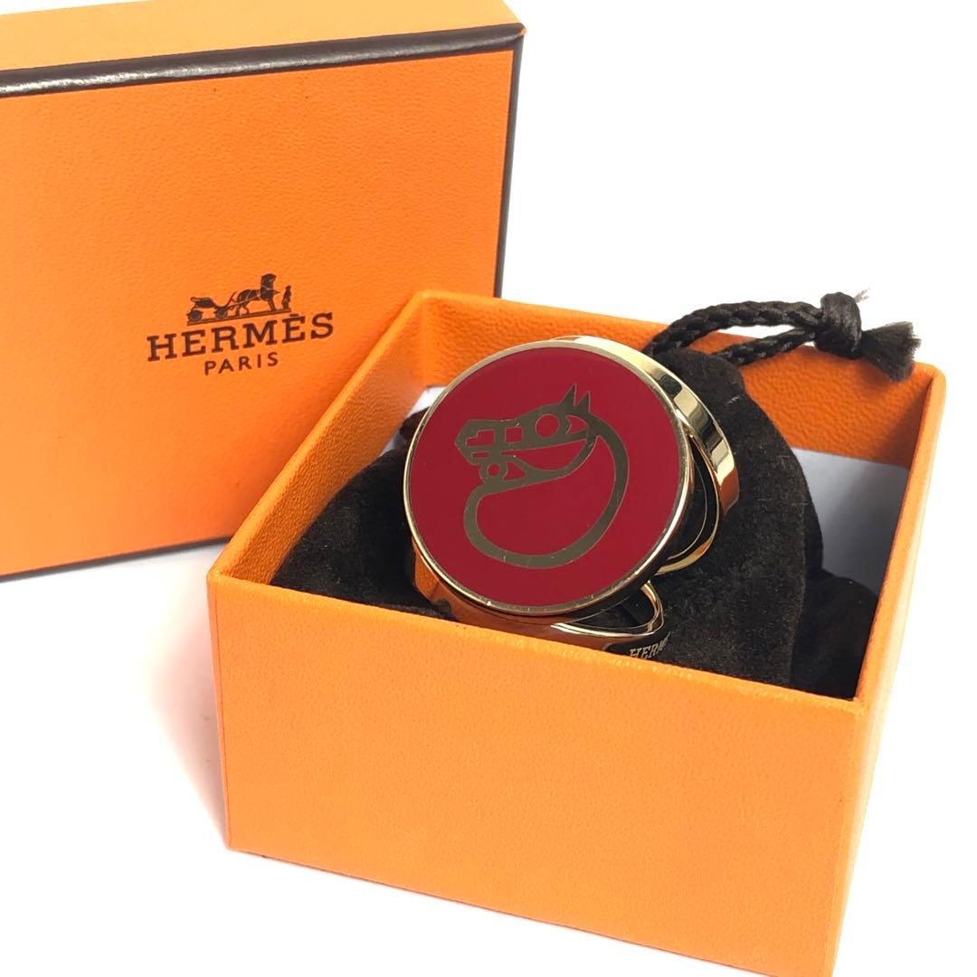 【良品】HERMES エルメス スカーフリング カマイユ 馬 ホース レッド 赤